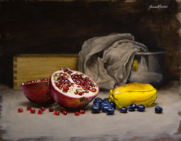 A still life painting of a pomegranate, blueberries, and star fruit in a kitchen.