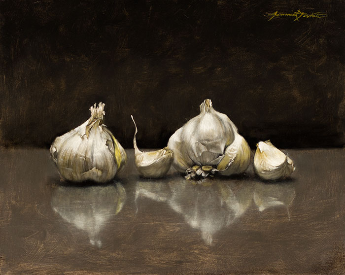 A painting of two whole garlic pieces with two cloves broken off in a still life style setting. The garlic is set against a grey background.