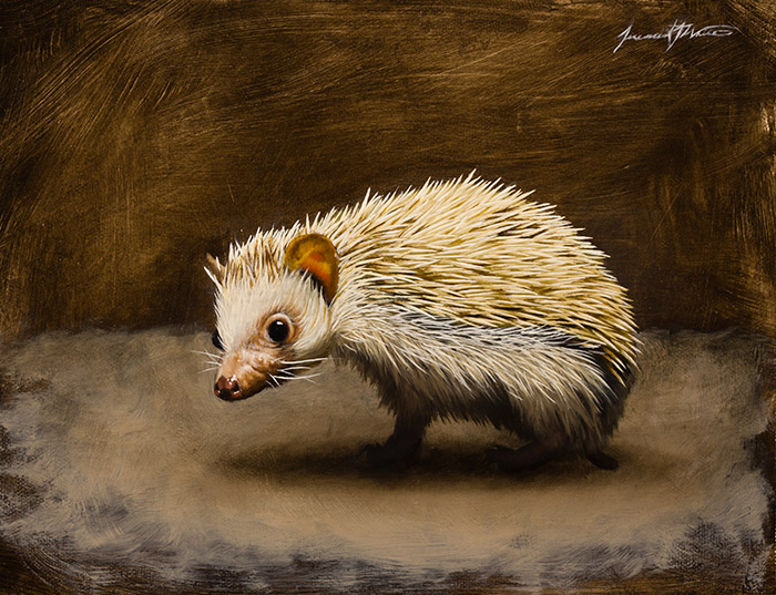 An animal painting of our 3-legged pet hedgehog named Penny.