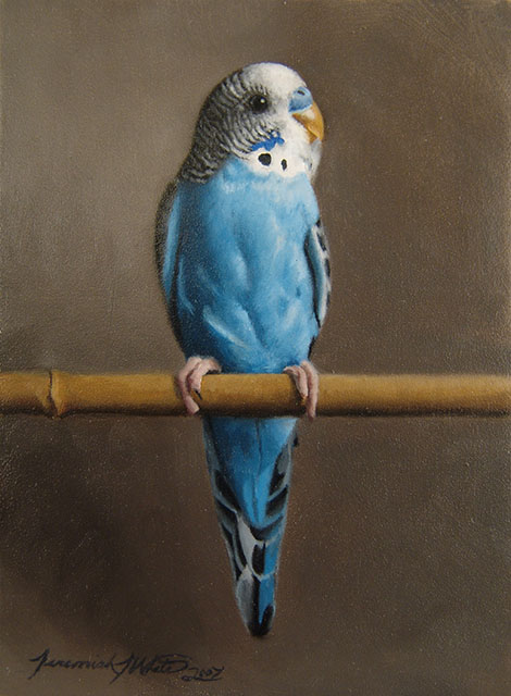 A small painting of our beloved blue parakeet, Percy. He is perched on a bamboo stick.