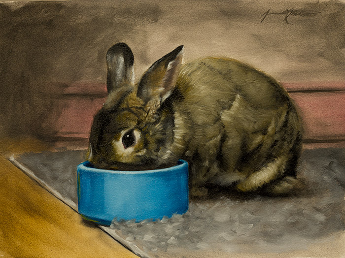 An alla prima animal painting of Petunia, the house rabbit. She is eating her pellets out of a blue bowl.