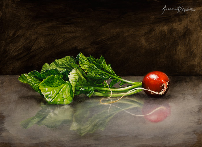 A still life oil painting of a radish in a kitchen.