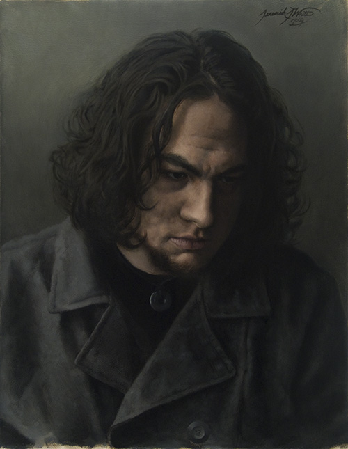Self portrait of the artist wearing a pea coat. The background is a dark green color. This painting was an Honorable Mention winner in a Portrait Society of America national competition.